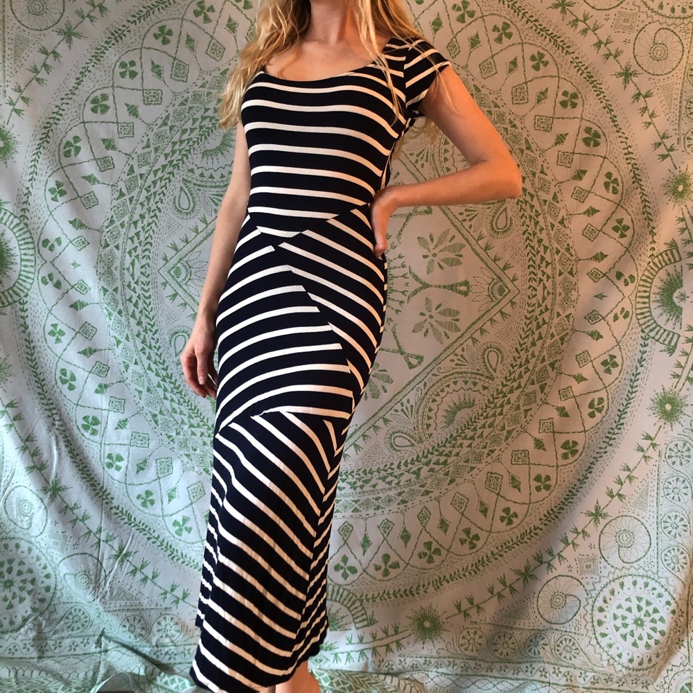 Navy & White Striped Bodycon Maxi Dress